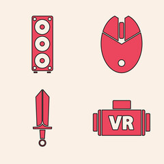 Sticker - Set Virtual reality glasses, Stereo speaker, Computer mouse gaming and Sword for game icon. Vector