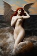Winged water nymph stands naked on the seashore, waves crash against her feminine body