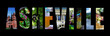Text collage of images from Asheville North Carolina cutout on black