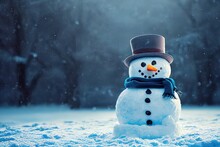 Smiling Snowman In Winter, Wearing A Hat And Scarf, Natural Street Lighting, Forest Background, Daylight, Professional Photography, Focus On The Snowman