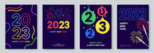 Happy New Year 2023 Greeting Card Collection In Neon Colours. Posters Template With Minimalistic Graphics And Typography. Creative Concept For Banner, Flyer, Cover, Social Media. Vector Illustration.