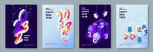 Happy New Year 2023 Posters Collection In Isometric Style. Greeting Card Template With Isometric Graphics And Typography. Creative Concept For Banner, Flyer, Cover, Social Media. Vector Illustration.