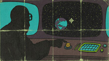 Elder Man Flying Space Ship 2D Illustration
