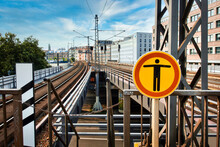 Germany, Berlin. No Trespassing Sign At The End Of Train Platform And Alexander Platz Train Station