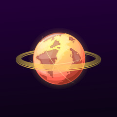 Poster - Galaxy planet with many rings, vector space globe, glowing orange sphere in Universe. Fantasy Ui game object isolated on black background. Astronomy science education, abstract planet in deep space
