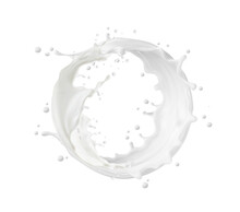 Circle Milk, Yougurt Or Cream Wave Flow Splash. Isolated Vector Round Milky Frame With Splatters. Realistic White Dairy Product Fluid With Drops. Liquid Flow Stream, Drink 3d Wave Splash