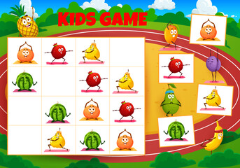 Poster - Sudoku game worksheet, cartoon fruit characters on yoga. Vector kids riddle with sportsmen mango, mandarin, plum, garnet and pear, quince, watermelon and banana on board, educational task
