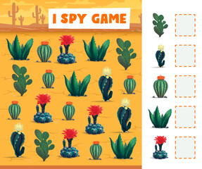 Aufkleber - Cactuses in mexican desert I spy game vector worksheet. Count education puzzle, riddle or quiz on cartoon background of nature landscape with opuntia, aloe and consolea, succulent plants and flowers