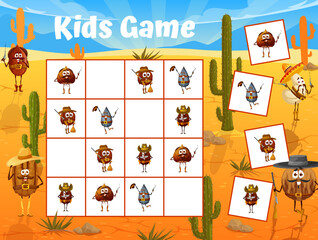 Sticker - Wild west sudoku game. Sheriff, cowboys and bandits nut characters at mexican desert on puzzle game worksheet, vector quiz. Kids sudoku with hazelnut, coffee bean, macadamia, cashew and sunflower seed