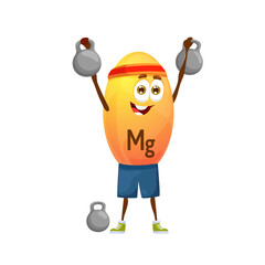 Sticker - Cartoon magnesium athlete character with dumbbells. Cheerful Mg mineral personage sports exercise. Isolated vector funny capsule stand with heavy bobs. Nutrient bubble sportsman weight training in gym