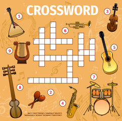 Poster - Musical instruments and sound waves crossword grid, worksheet to find word, vector quiz game. Kids puzzle crossword with music instruments, guitar or violin and saxophone, maracas, drums and trumpet