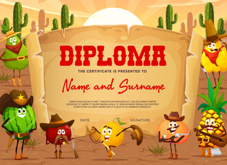 Sticker - Kids diploma of Wild West cartoon fruit cowboy, ranger, sheriff and robber characters. Vector award certificate or diploma with western personages of lemon, apple and watermelon, pineapple and pear