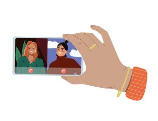Poster - hand with smartphone. character communicates with friends via video communication, online conference