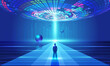 Businessman facing spaceship UFO futuristic technology concept illustration