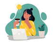 Woman with idea. Young girl sitting at laptop with mug with coffee or tea. Creative person launches start-up, introduces innovation. Illumination and brainstorm. Cartoon flat vector illustration