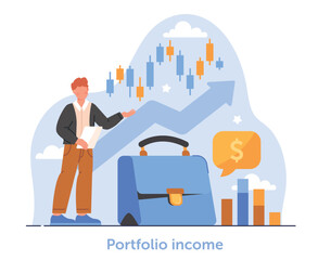 Wall Mural - Portfolio income concept. Investor analyzes graphs and diagrams. Young guy makes profit with shares and bonds. Economics and trading. Education and infographics. Cartoon flat vector illustration