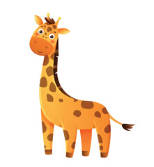  Jungle giraffe icon. Character with large neck, tropical animal in zoo. Wild life and fauna. Spotted toy or mascot for children. Sticker for social networks. Cartoon flat vector illustration