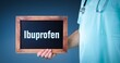 Ibuprofen. Doctor shows sign/board with wooden frame. Background blue