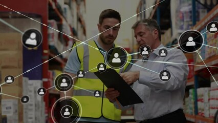 Poster - Animation of network of connections with icons over diverse workers in warehouse
