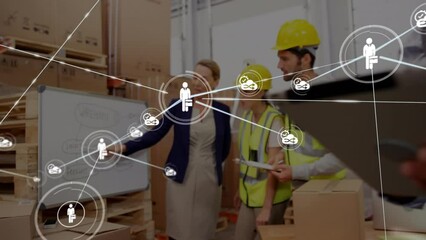 Poster - Animation of network of connections with icons over diverse workers in warehouse