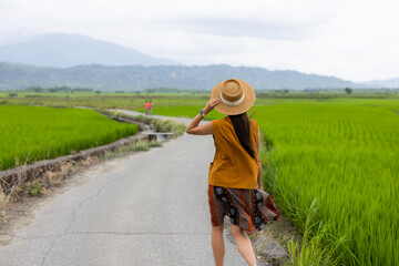 Sticker - Travel woman visit the rice paddy field