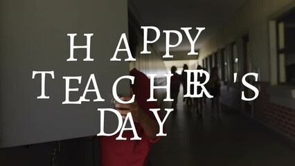 Poster - Animation of happy teachers day text over diverse schoolchildren in school