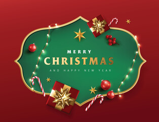 Wall Mural - christmas sign banner frame with empty space and festive decoration on red background