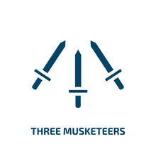Three Musketeers Icon From Education Collection. Filled Three Musketeers, Musketeer, French Glyph Icons Isolated On White Background. Black Vector Three Musketeers Sign, Symbol For Web Design And