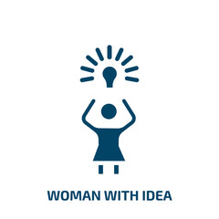 Poster - woman with idea icon from education collection. Filled woman with idea, idea, woman glyph icons isolated on white background. Black vector woman with idea sign, symbol for web design and mobile apps