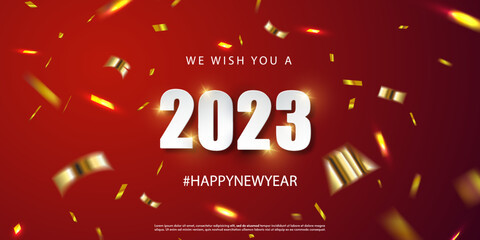 Wall Mural - 2023 Happy New Year vector on red background. Shiny celebration party background. White Numeral 2023 with glitter gold confetti and serpentine. Festive premium template for holiday. Vector EPS10.