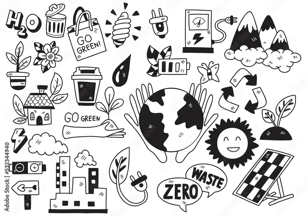 Hand drawn style Modern Green energy doodle objects vector illustration ...