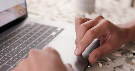 Canvas Print - Businessman, hands and laptop in home office for web design, brand logo and internet research for startup. Zoom, worker and remote employee working on digital contact us, media dashboard and email ux