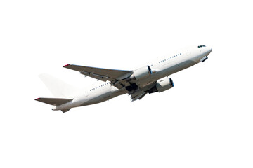 White wide body passenger airliner flying isolated on transparent background