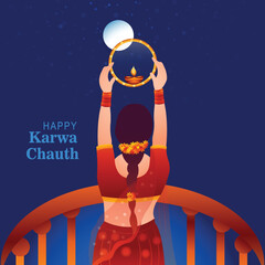 Wall Mural - Karwa chauth festival card with indian woman celebration background