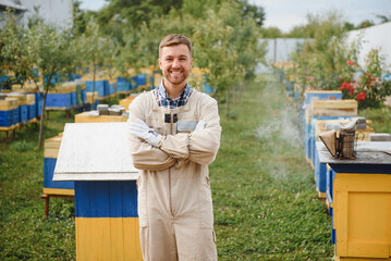 Wall Mural - The beekeeper examines the bees with the analysis of the nest, establishes the strength of the family