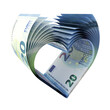 Herz-Symbol geformt aus 20-Euro-Banknoten