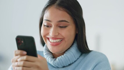 Poster - happy woman, social media and reading crazy, surprise and funny news on phone notification, internet
