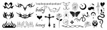 Set Of Y2k Tattoo Symbol Vector On White Background. Black Trendy Element Design With Heart, Spider, Butterfly, Snake, Skull, Roses. 90s Hand Drawn Tattoo Design For Sticker, Decorative, Body Paint.