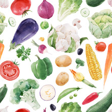Beautiful Vector Seamless Pattern With Hand Drawn Watercolor Healthy Vegetable Food. Eggplant Cabbage Corn Broccoli Zucchini Lettuce Papper Potato Illustrations