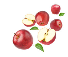 Fresh Red Apple With Half Cut And Leaves  Levitate Isolated On White Background, Full Depth, Clipping Path
