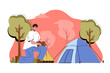 © alexdndz - Rest at nature concept. Man resting in forest with tent situation. Hiking, camping, active outdoor recreation people scene. Illustration with flat character design for website and mobile site