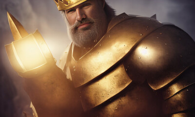 3d computer graphic of strong old king in golden armor holding glowing magical weapon