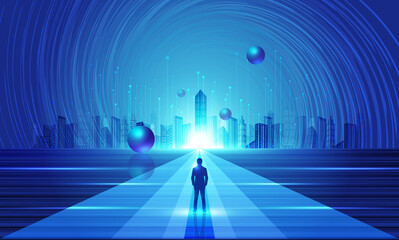 Wall Mural - Businessman facing towards future city futuristic technology space background