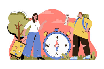 Poster - Travel time concept. Man with backpack and woman with suitcase goes on trip situation. Vacation and tourism people scene. Illustration with flat character design for website and mobile site
