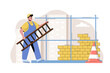 Urban construction concept. Man building brick wall, builder construct house situation. Real estate business people scene. Illustration with flat character design for website and mobile site