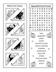 Halloween puzzle page with various activities. Black and white, printable.