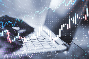Poster - Close up of hands using laptop keyboard with creative glowing forex chart on blurry background. Trade, finance, stats. Double exposure.