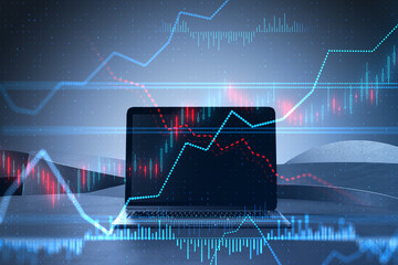 Aufkleber - Close up of laptop with creative glowing forex chart on blurry background. Trade, finance, economy, stats. Double exposure.