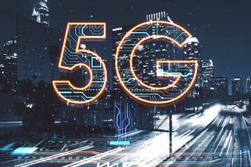 Aufkleber - Abstract 5G hologram on blurry night city backdrop. Speed, internet and technology, communication concept. Double exposure.