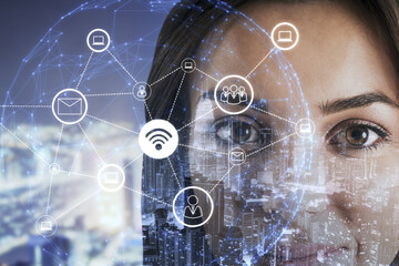 Poster - female with abstract glowing wi-fi icons polygonal globe on blurry city background. wi fi internet connection in digital city connect to global technology success of business marketing.